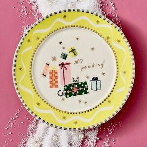Set Of 2 NEW ANTHROPOLOGIE CAROLINE HOLIDAY DESSERT PLATES “No Peeking!”